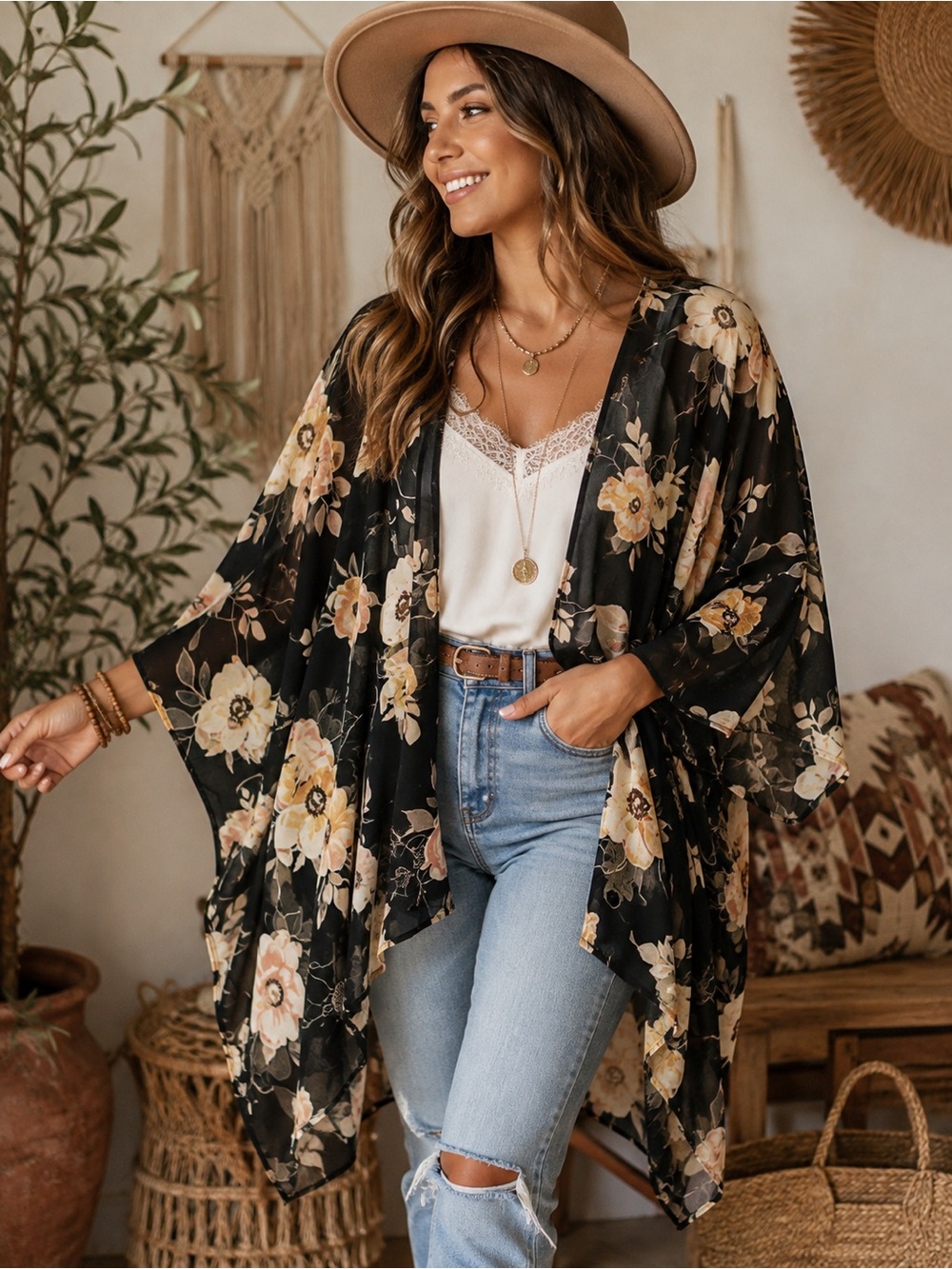 Emerald Floral Sheer Kimono Cardigan One Size Black Beige Boho Cover Up